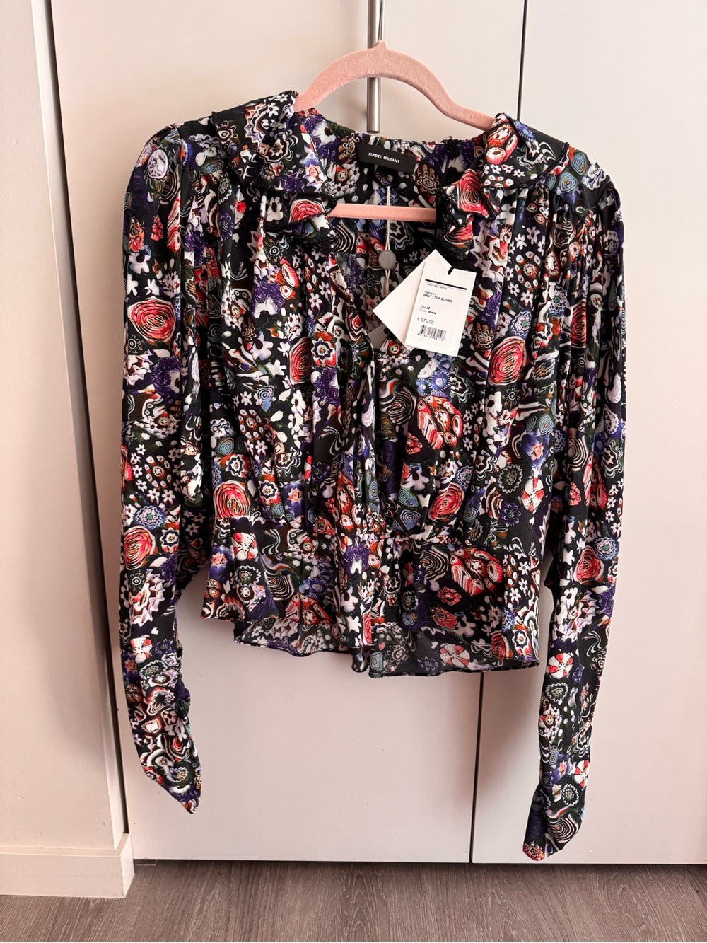 Isabel Marant Cade Floral V-Neck Ruffle Blouse - Black Multi - Picture 2 of 4